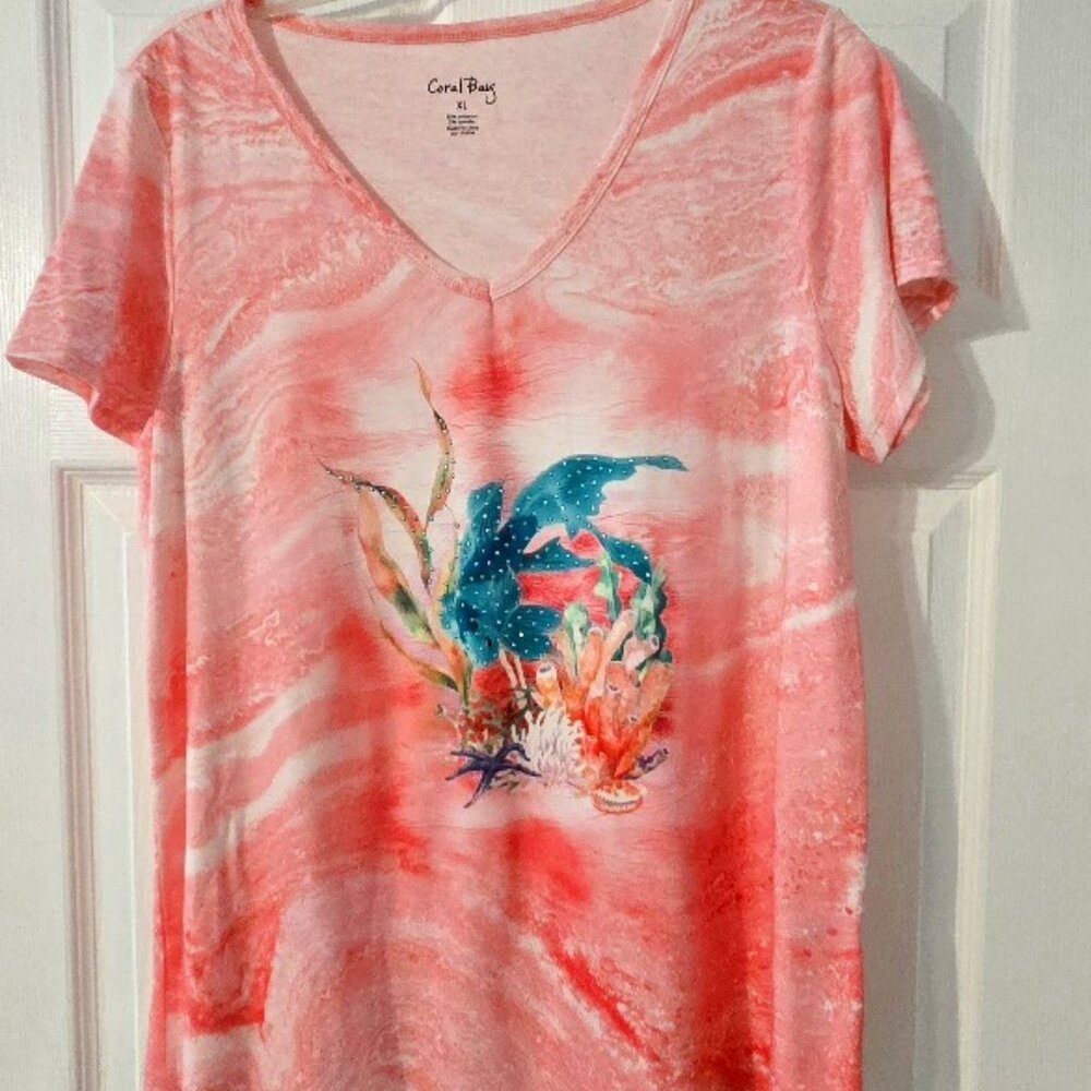 Coral Bay Womens Embellished Short Sleeve Top. Color Salmon XL